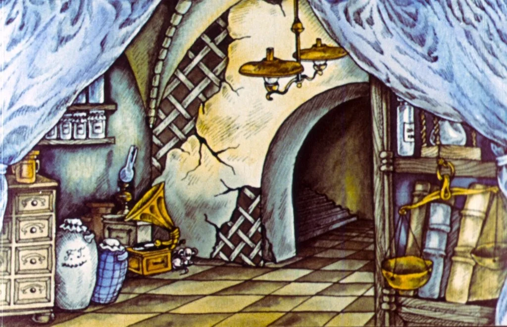 Ilustrație a unui interior rustic, cu un perete crăpat, lămpi suspendate, mobilier vechi și un loc întunecat care duce spre o scară.