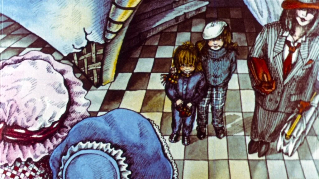 Ilustrație colorată care arată doi copii și un adult, cu fundal interior, cu detalii decorative.