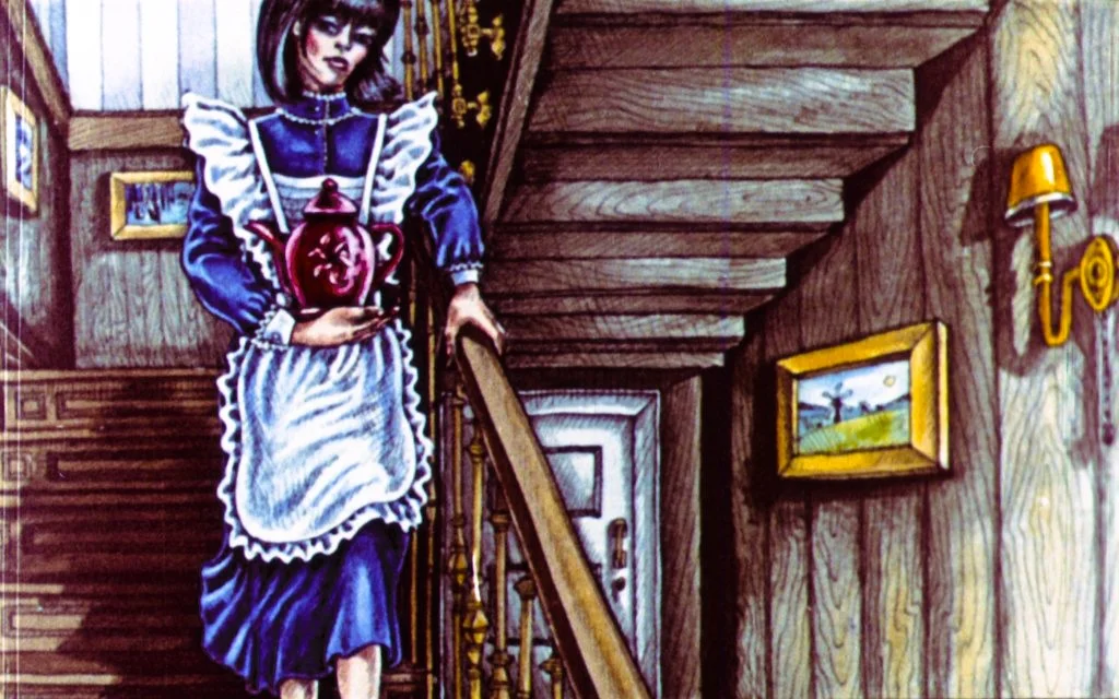 Ilustrație a unei femei îmbrăcate într-o rochie albastră și o șorț alb, purtând un vas roșu în mâini, coborând scările dintr-o casă cu detalii de decor.