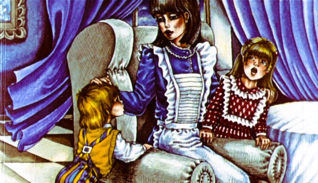 Ilustrație cu o femeie așezată pe un scaun, îmbrăcată într-o rochie elegantă, cu doi copii în jurul ei într-un spațiu în care predomină culori violet și alb.