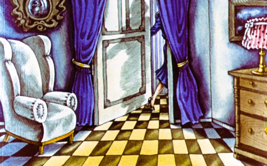 Interior room with a chair, a door partially open revealing a figure, and a patterned floor.