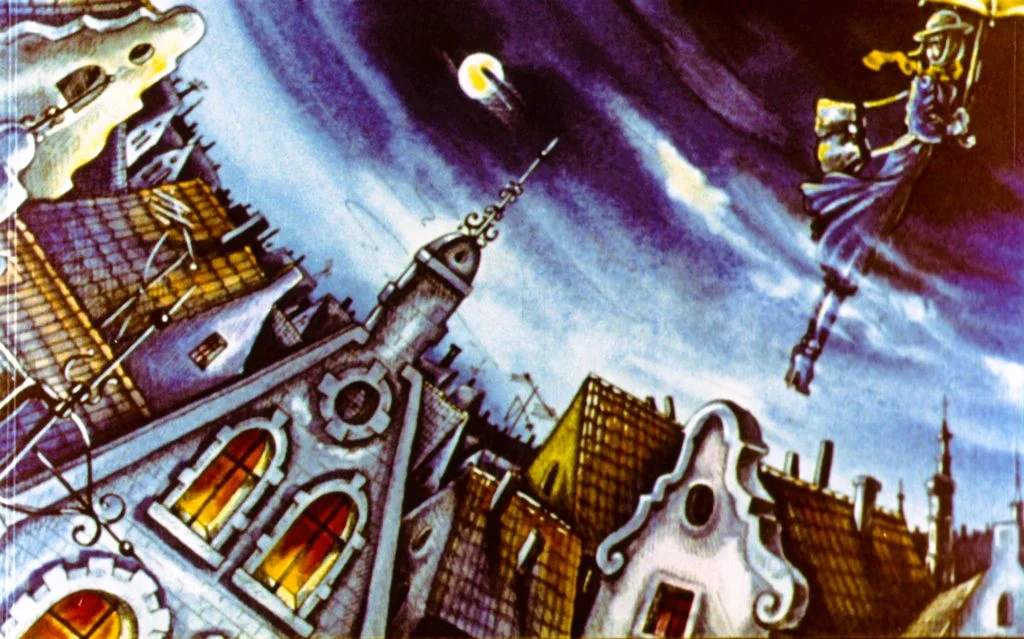 Ilustrație colorată cu o femeie zburând pe o mătură deasupra unor clădiri, sub un cer întunecat cu o lună și o stea căzătoare.