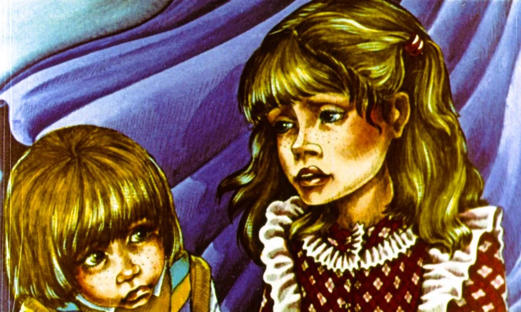 Ilustrație cu doi copii care își exprimă emoții, cu o fetiță blondă și un băiat, înconjurați de un fundal colorat.