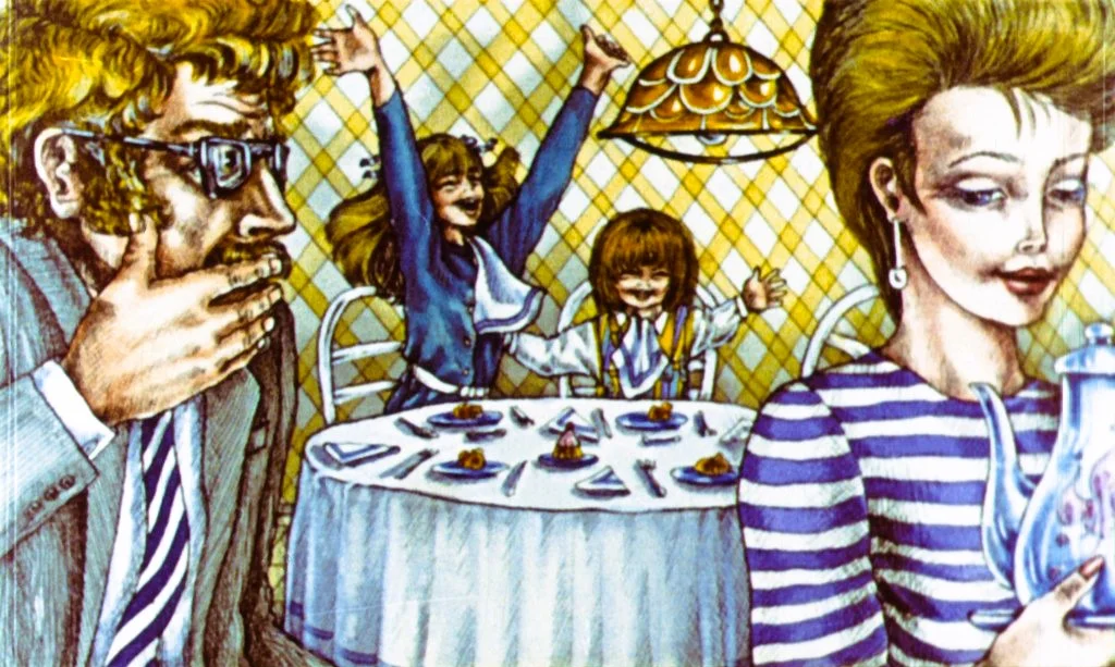 Imagine care ilustrează o scenă de restaurant cu un bărbat și o femeie la masă, în timp ce doi copii joacă și se bucură în fundal.