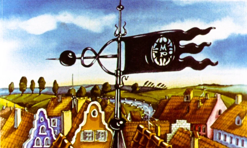 Ilustrație colorată a unui peisaj urban cu case tradiționale și un indicator de vânt în formă de steag.