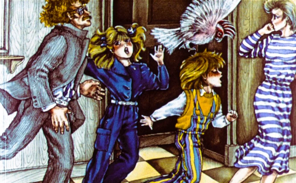 Ilustrație cu un grup de oameni în mișcare, incluzând doi copii și doi adulți, într-o scenă agitată, cu un păun zburând deasupra lor.