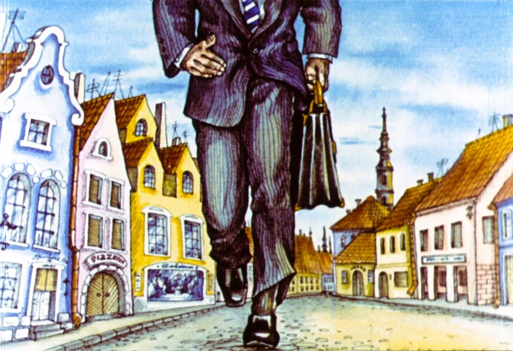 Ilustrație a unui bărbat îmbrăcat într-un costum, mergând pe o stradă cu clădiri colorate.