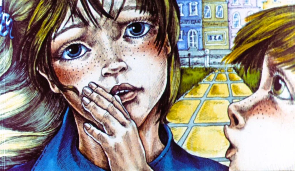 Ilustrație cu doi copii, unul exprimându-și o emoție profundă, în timp ce celălalt îi vorbește, într-un peisaj colorat.