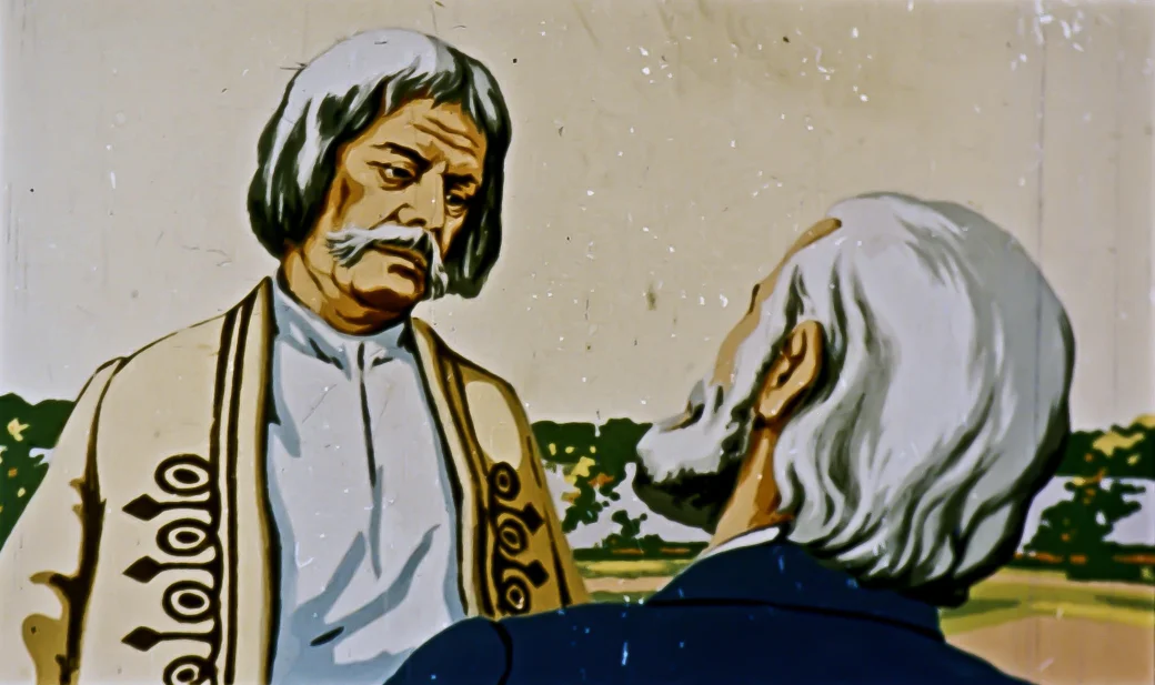 Ilustrație artistică a două personaje discutând într-un peisaj calm.