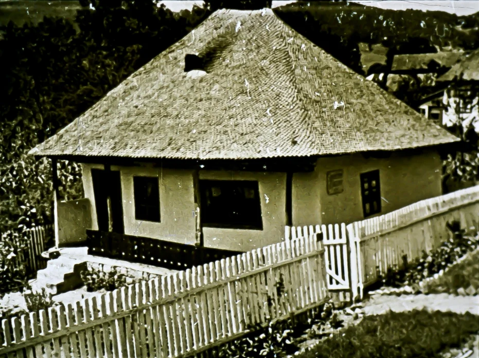 O imagine a unei case tradiționale cu acoperiș din stuf, înconjurată de un gard alb și bine întreținut.