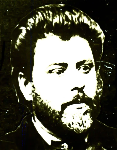 Imagine alb-negru a unui bărbat cu păr des și barbă.