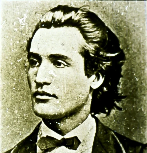 Un portret al unui bărbat tânăr cu păr lung și buclat, purtând un costum și o cravată.