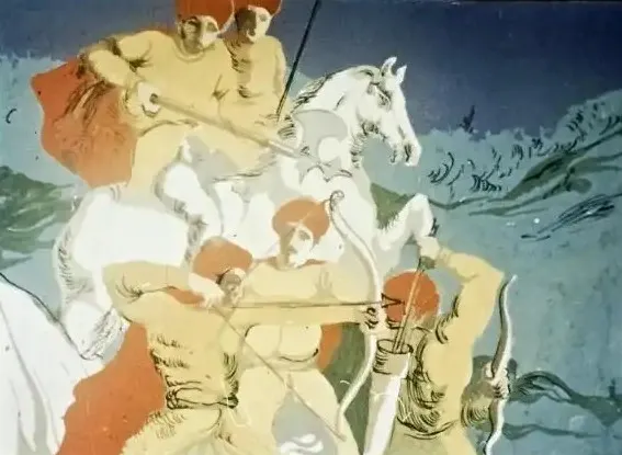 Ilustrație care reprezintă o scenă dintr-o bătălie, cu soldați și un cal, în care se aud strigăte și zgomote de arme.