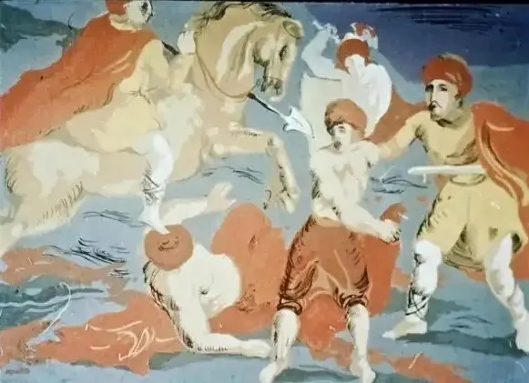 Ilustrație cu cai și soldați în timpul unei bătălii, text informativ la baza imaginii.