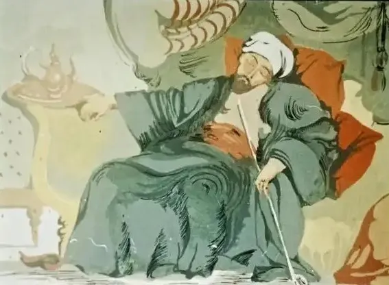 Imagine artistică reprezentând un bărbat îmbrăcat într-o robe tradițională, relaxat pe un fotoliu, cu un cadru decorativ în fundal.