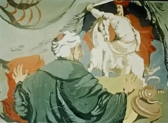 Imagine cu un personaj care se uită spre un alt personaj călare, cu text în partea de jos care descrie scena.