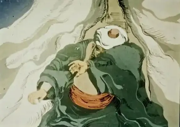 Imagine artistică reprezentând un personaj îmbrăcat într-o haină tradițională, cu un turban, care pare să fie într-o stare de zbucium, înconjurat de nori.