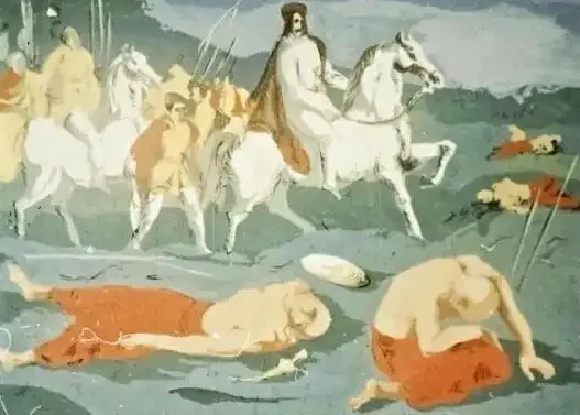 Imagine artistică care ilustrează o scenă istorică, cu o figură centrală călare pe un cal și soldați pe fundal, însoțită de text poetic.