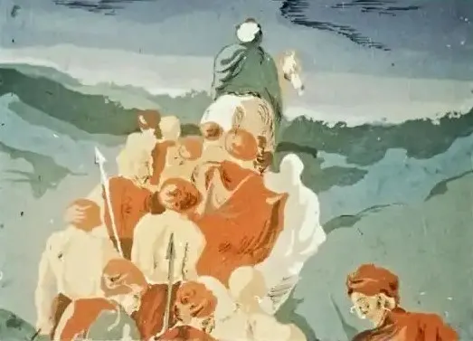 O ilustrație cu un grup de oameni și un sultan pe un munte, cu un peisaj colorat în fundal.