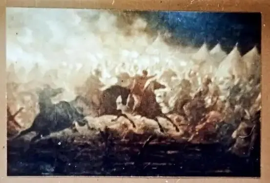 Imagine cu o reprezentare artistică a luptei lui Vlad Țepeș în tabăra otomană, acompaniată de un text explicativ.