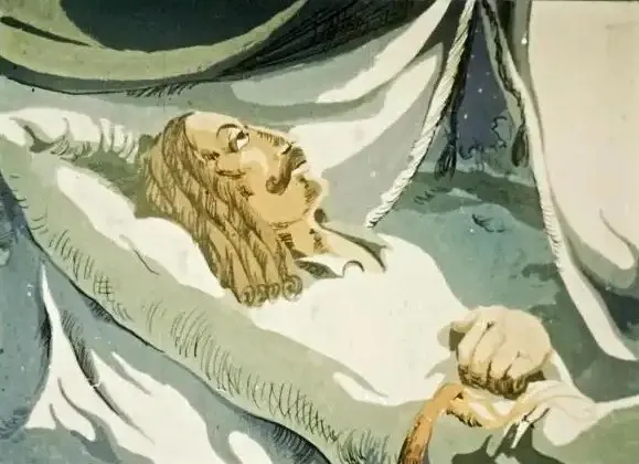 Ilustrație artistică a unei nopți furtunoase cu un personaj adormit, evocând o atmosferă de vis.