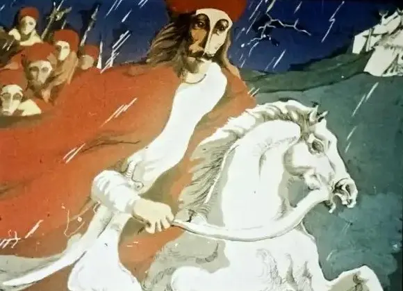 Ilustrație cu un cavaler pe un cal în ploaie, având o mulțime de soldați în fundal.