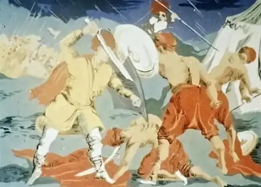 Ilustrație artistică reprezentând o furtună maritimă și o bătălie, cu figuri umane pe fundal.