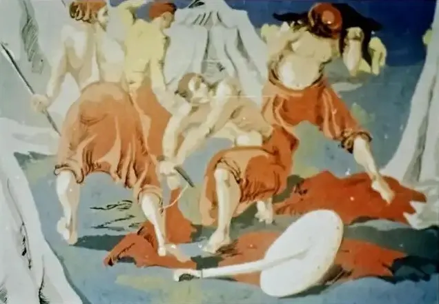 Ilustrație care arată personaje istorice în acțiune, cu text în limba română sub imagine.