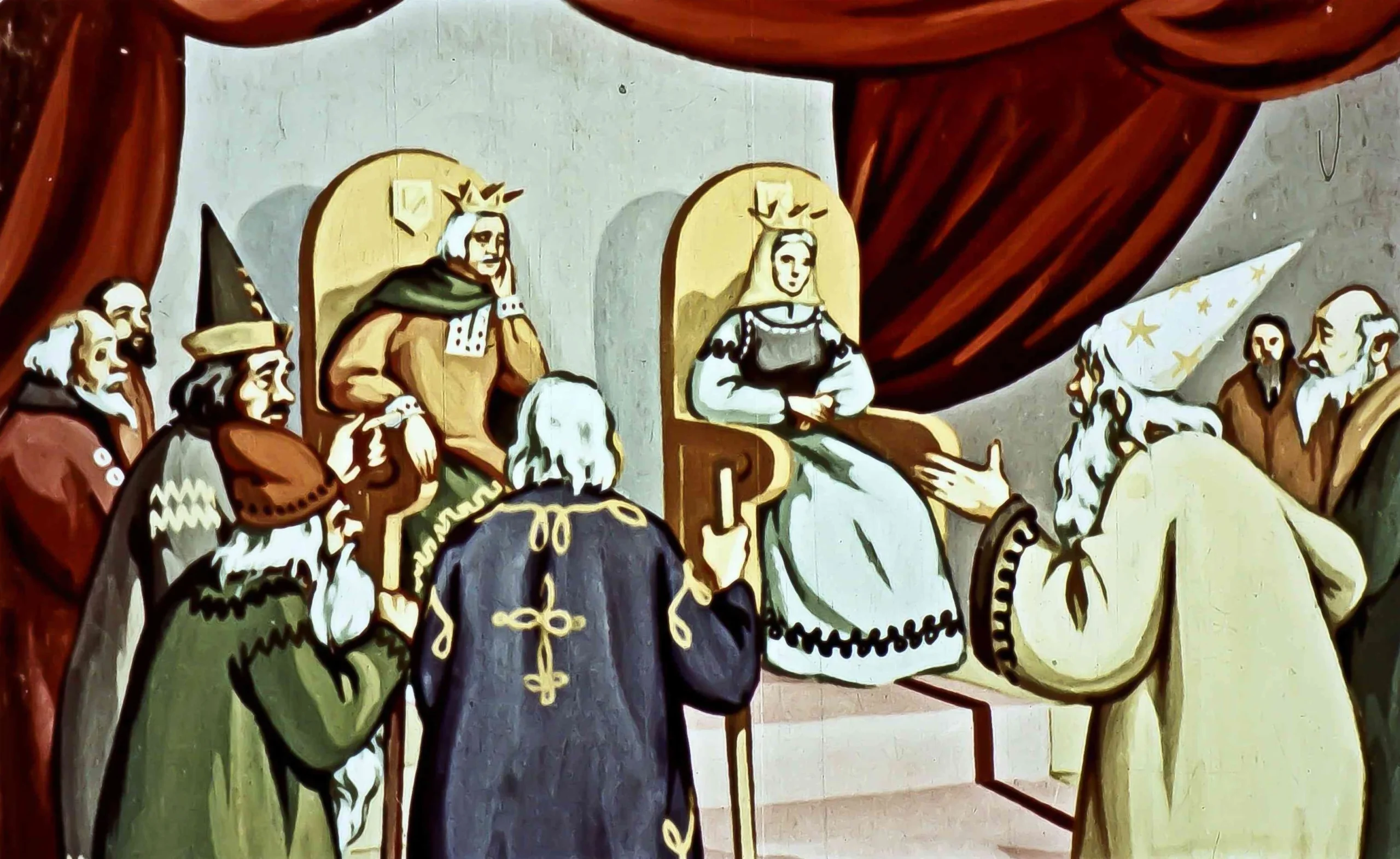 Ilustrație cu un grup de persoane în jurul unui tron, discutând despre o fetiță numită Chiralină.