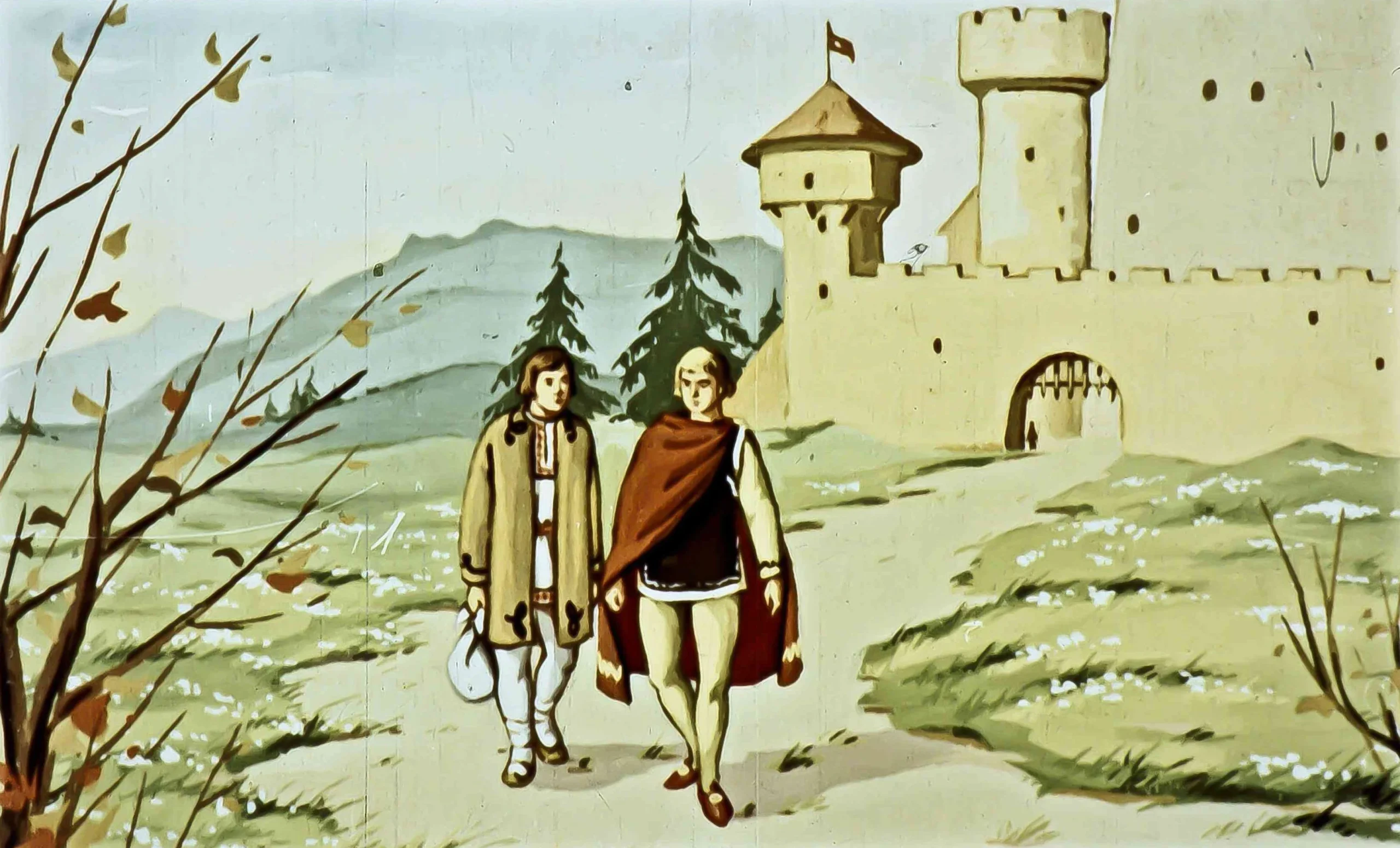 Imagine cu doi bărbați care merg pe un drum, cu un castel în fundal, într-un peisaj de natură.