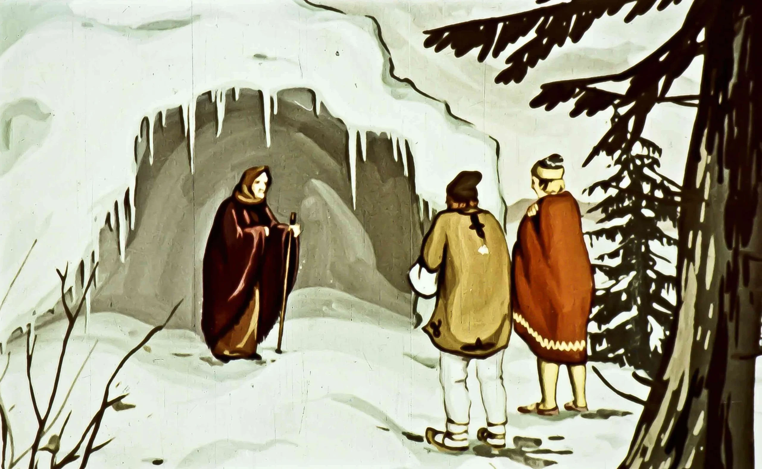 Ilustrație cu muma Crivățului și două personaje care solicită ajutor pentru a găsi drumul.