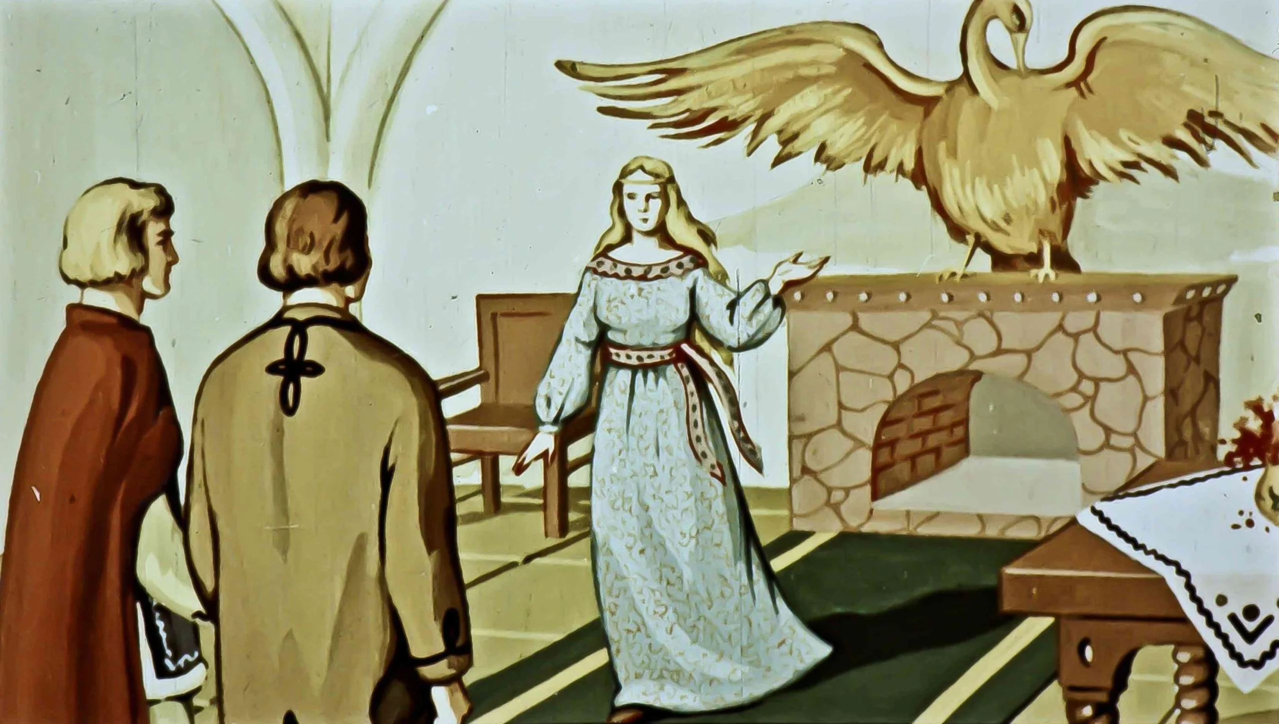Ilustrație cu o femeie îmbrăcată în rochie lungă, stând între doi bărbați, în fața unei păsări mari și a unui șemineu, în contextul unei povesti.