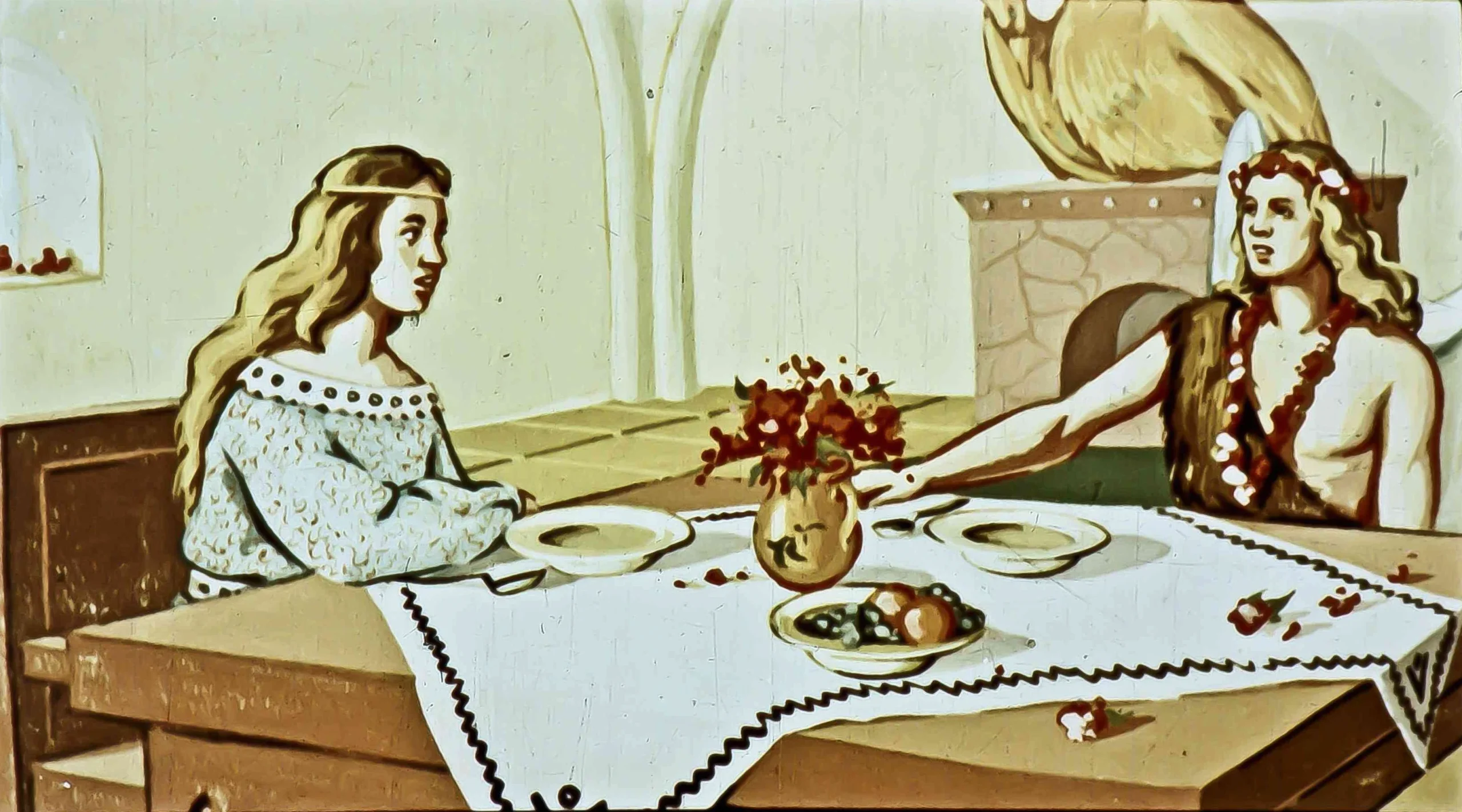 Ilustrație cu două personaje la o masă, discutând, cu un mesaj despre povestire sub imagine.