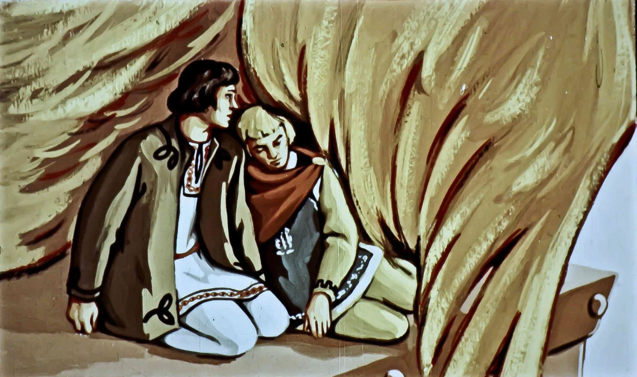 Ilustrație cu două personaje care ascultă o poveste, cu un fundal artistic.