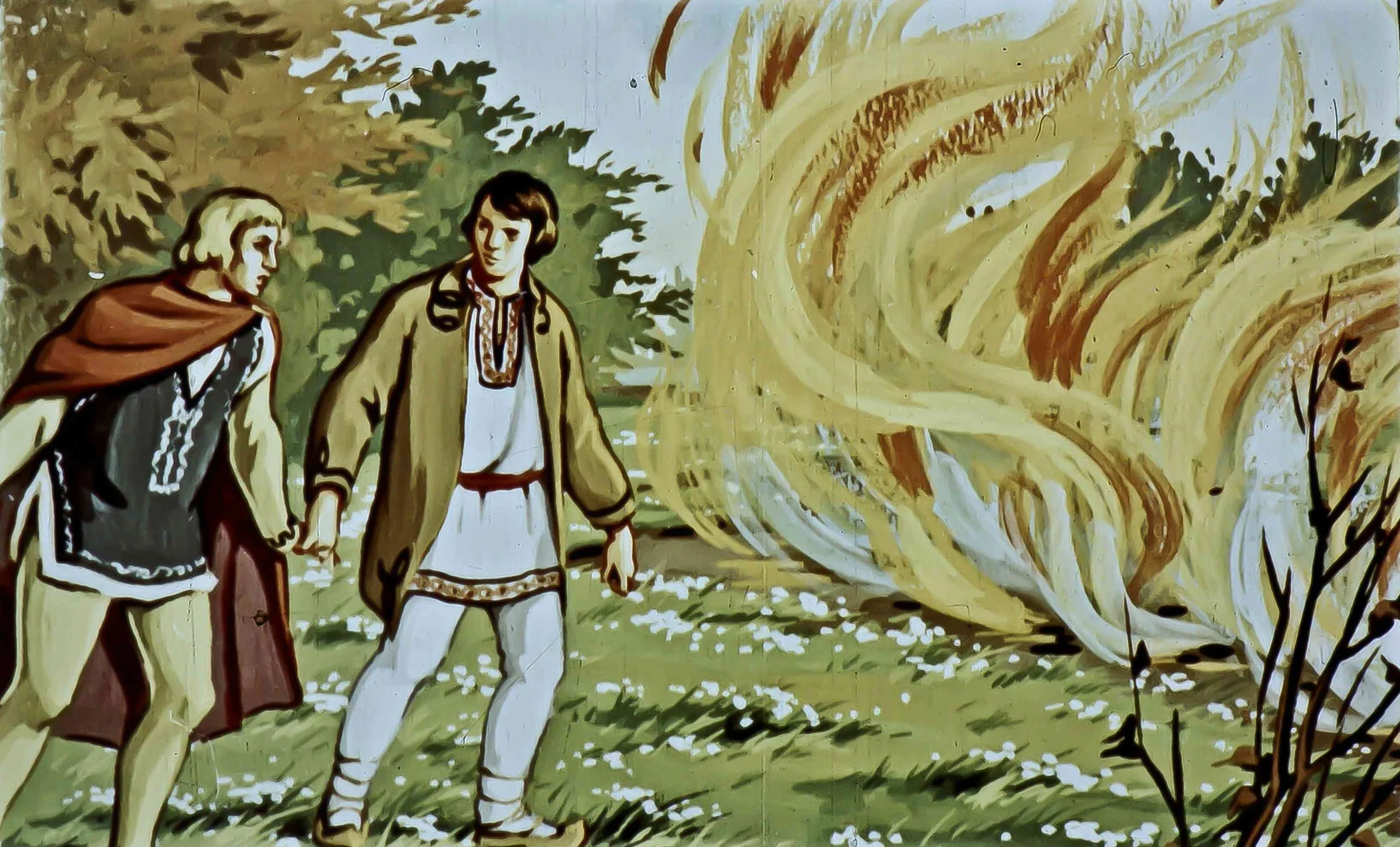 Ilustrație care prezintă două personaje care pornesc pe drum, cu flăcări în fundal și text descriptiv.