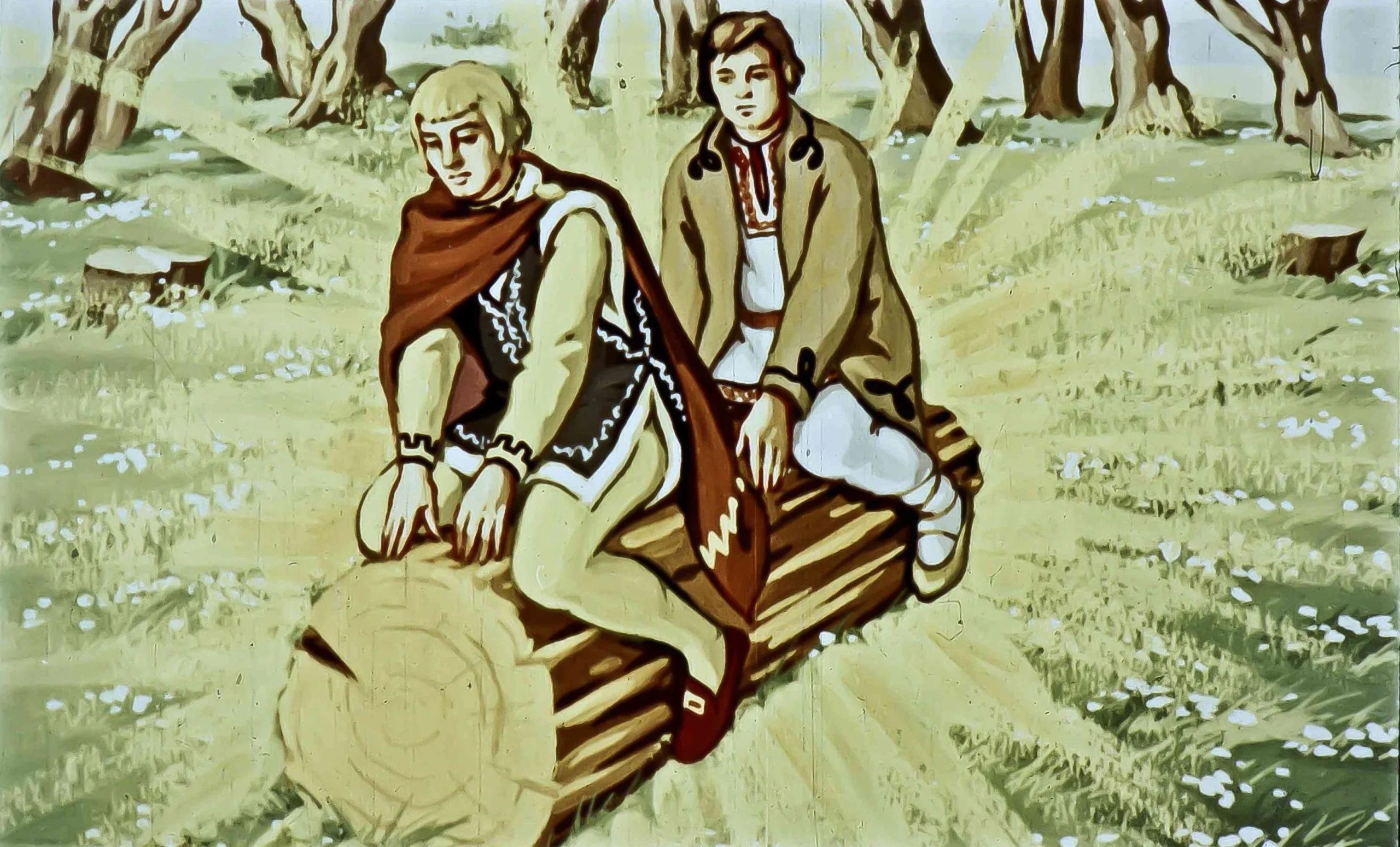 Ilustrație cu două personaje pe un buștean în natură.