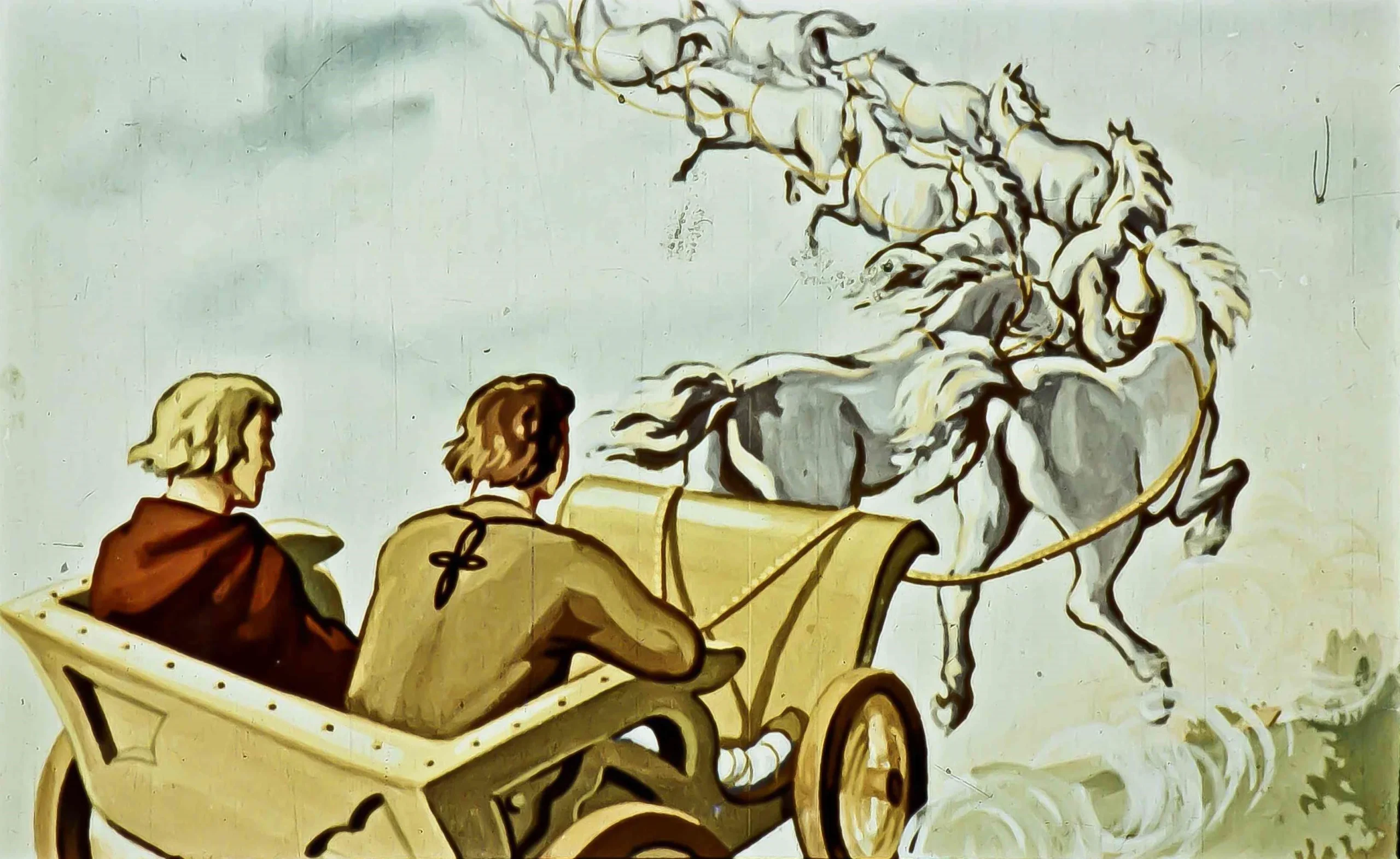 Ilustrație cu două personaje într-o caleașcă trasă de cai, însoțită de un text descriptiv.