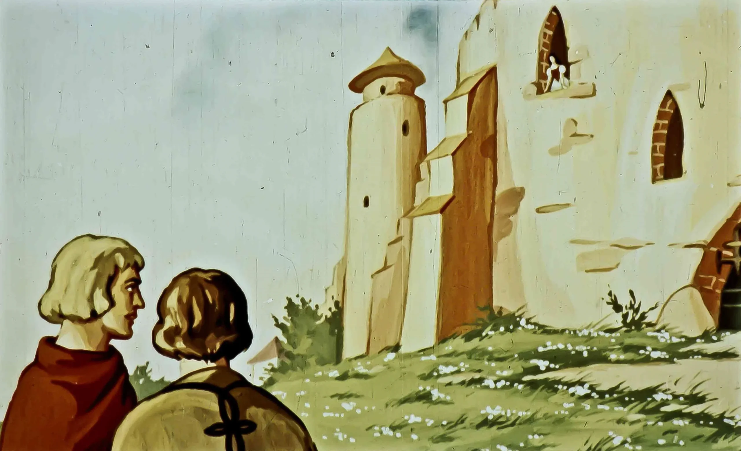 Imagine cu doi bărbați privind către un palat, având un peisaj verde și flori în jur.