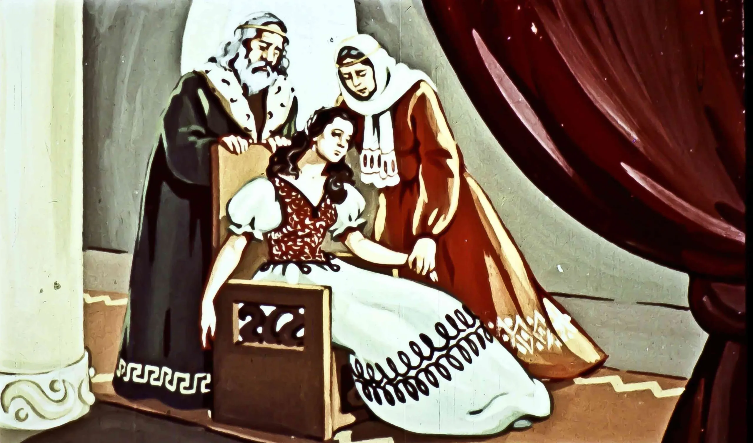 O scenă dintr-o poveste, cu trei personaje, unul îmbrăcat în haine de împărat și două femei într-o încăpere decorată.