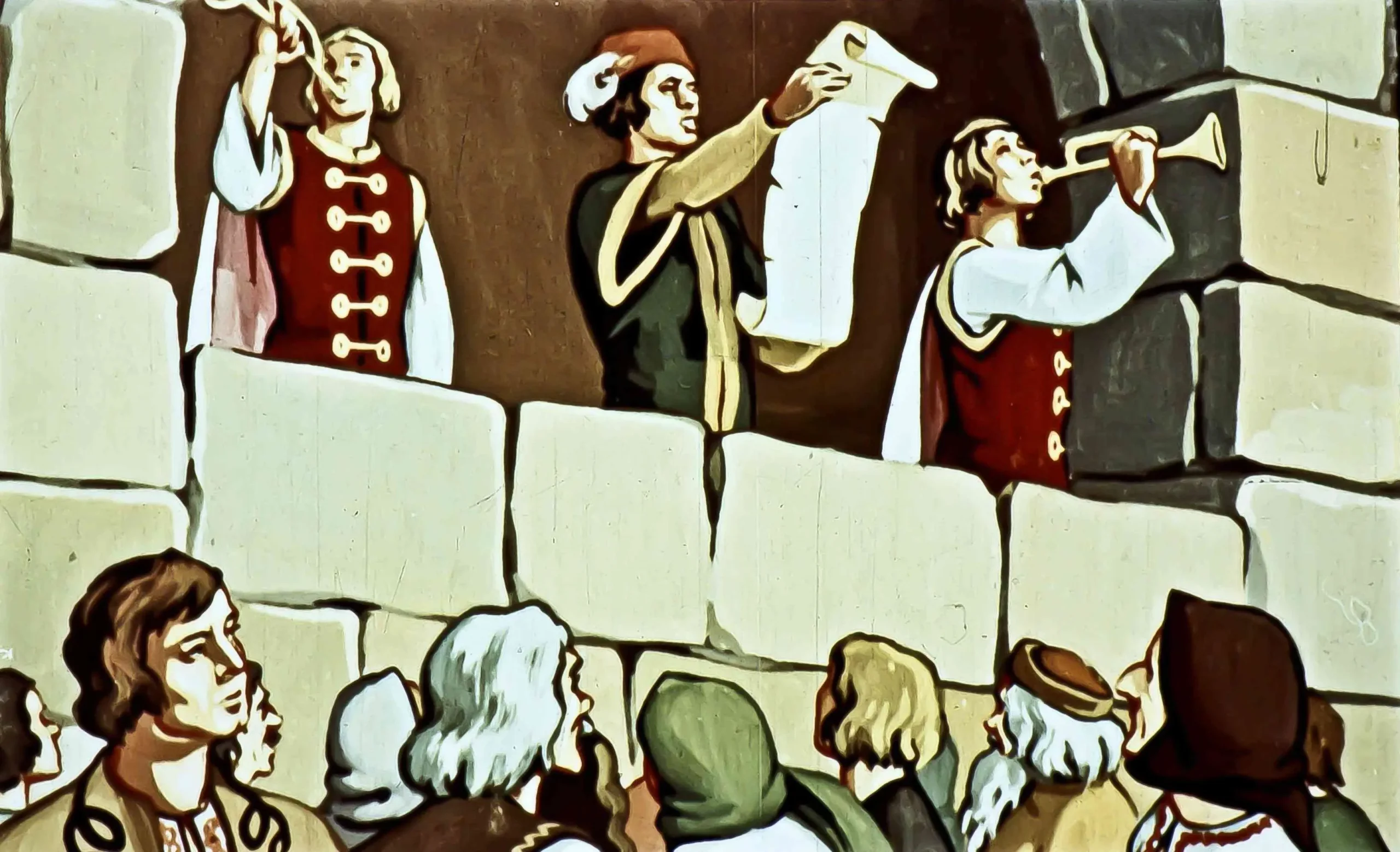 O scenă artistică care ilustrează o poveste, cu personaje care cântă și comunică într-un cadru medieval.