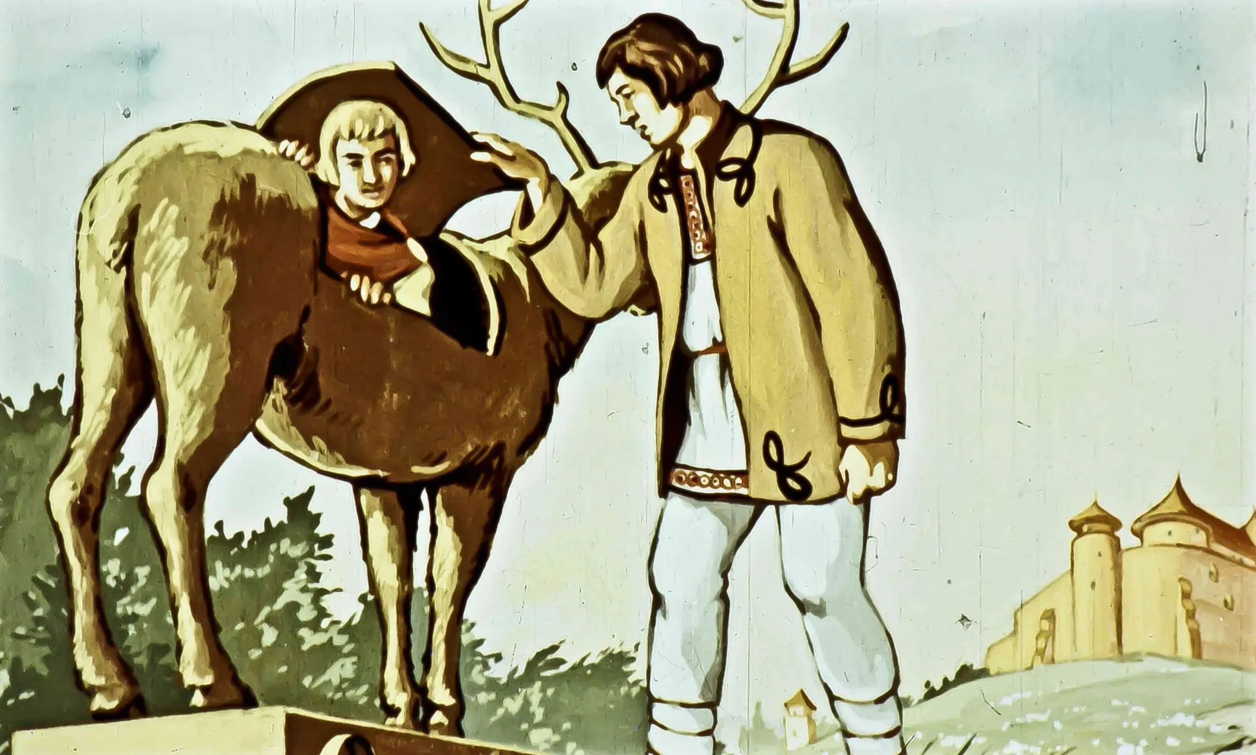 Imagine reprezentând o scenă fantastică cu personaje folklorice care interacționează în peisajul unui basm.