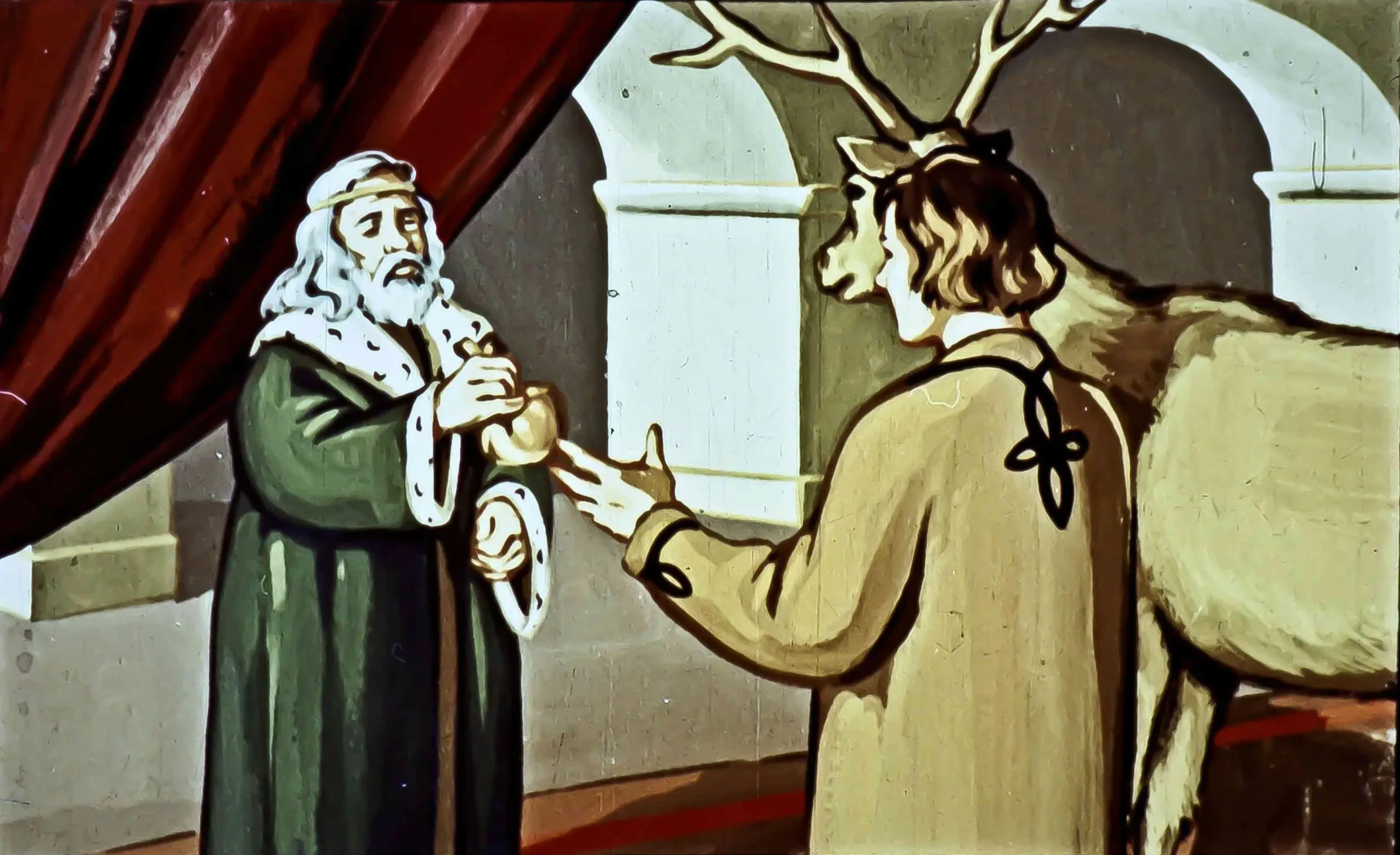 Ilustrație cu o scenă în care un bărbat cu păr alb și o haină lungă predă un obiect unui alt bărbat cu părul lung, însoțit de un cerb, într-un decor de palat.