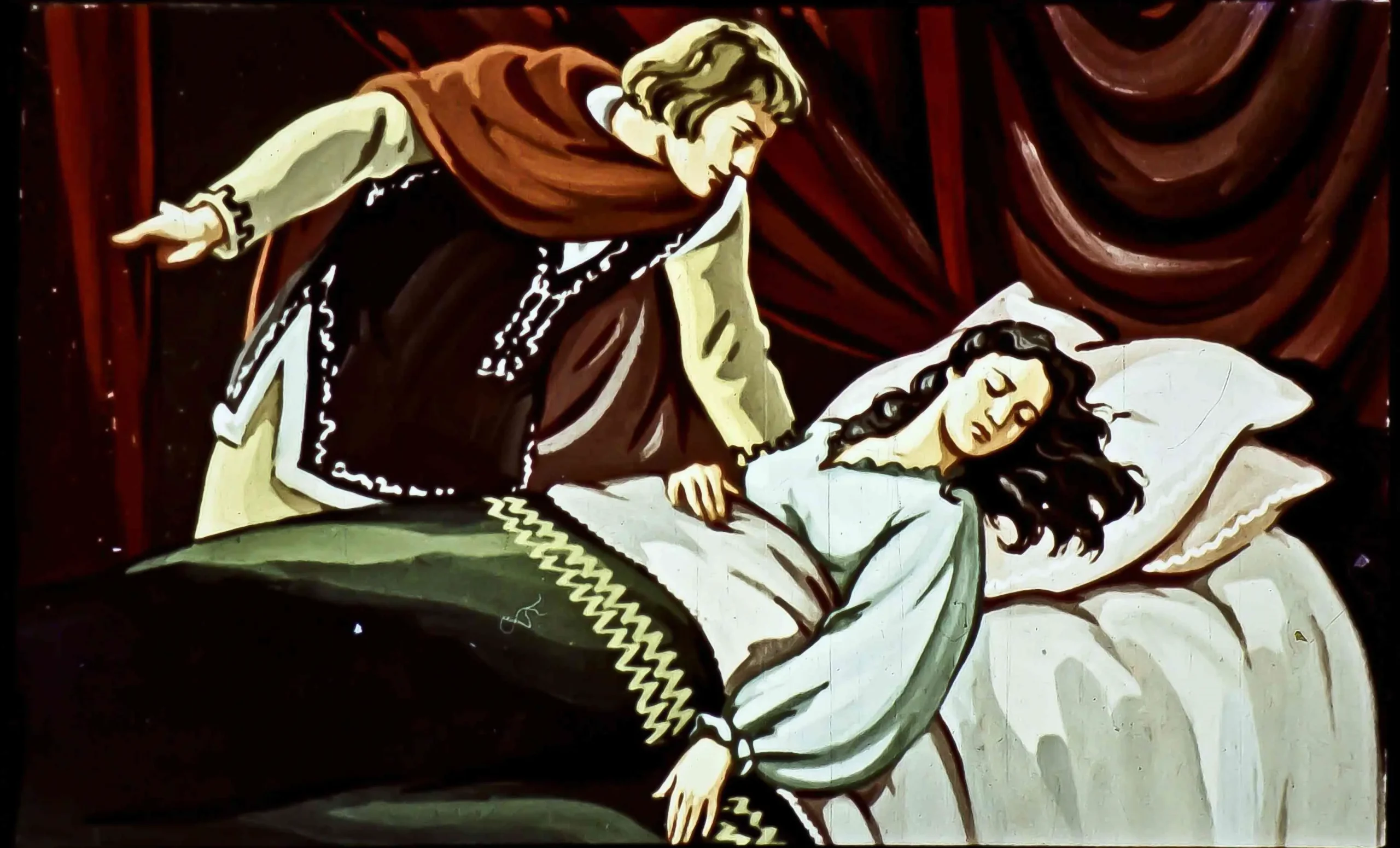 Ilustrație care arată un bărbat îmbrăcat în costume medievale interacționând cu o femeie care doarme pe un pat.