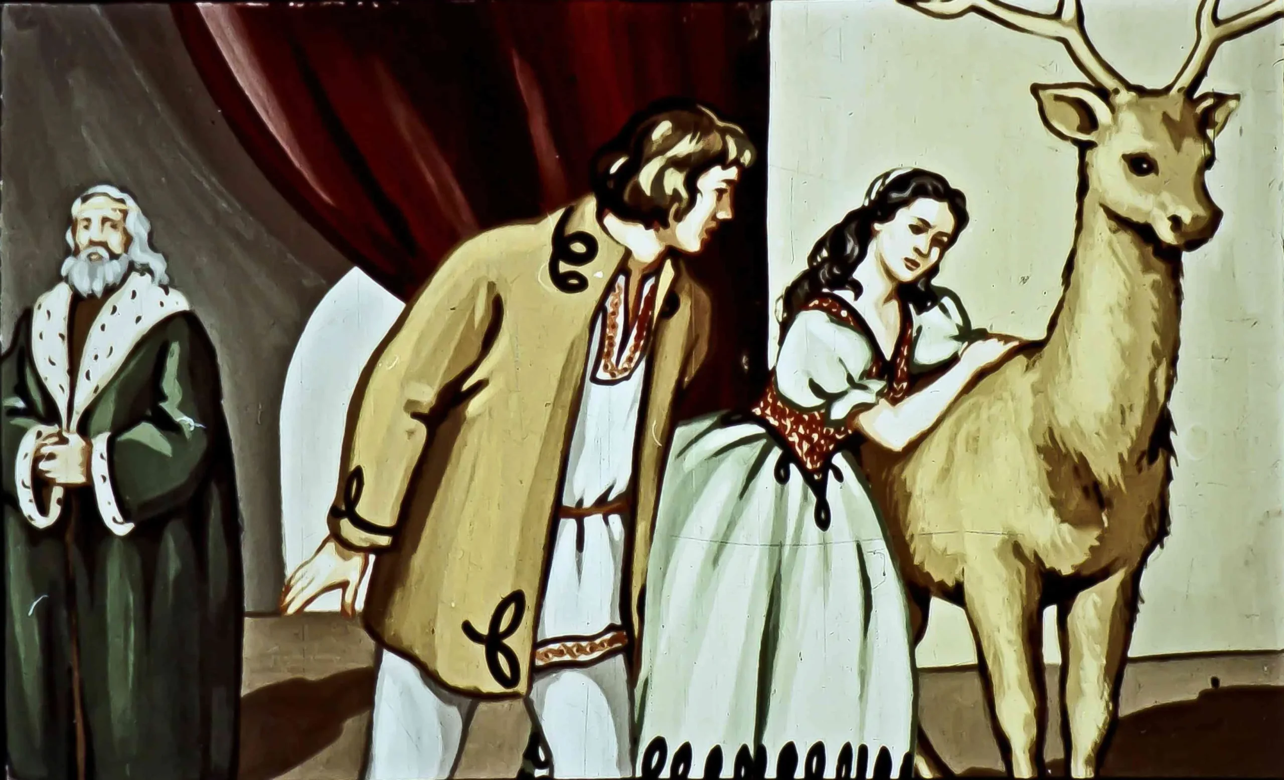 O ilustrație care prezintă o scenă dintr-o poveste, cu un bărbat care vorbește cu o femeie lângă un cerb.