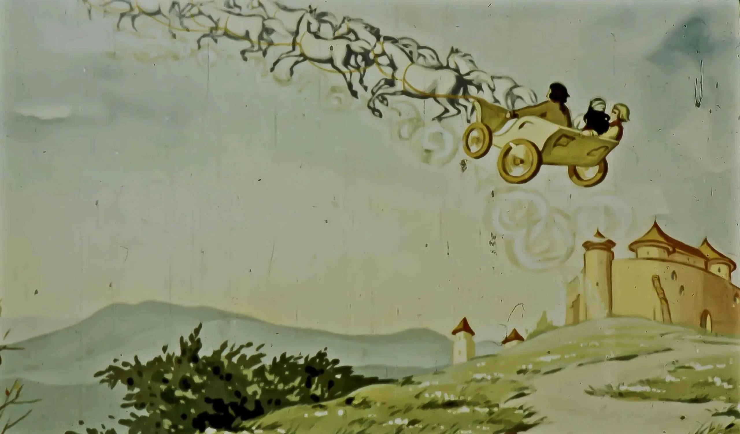 O scenă ilustrată cu o mașină care se îndreaptă spre un palat, cu personaje în interior și un peisaj de fundal.