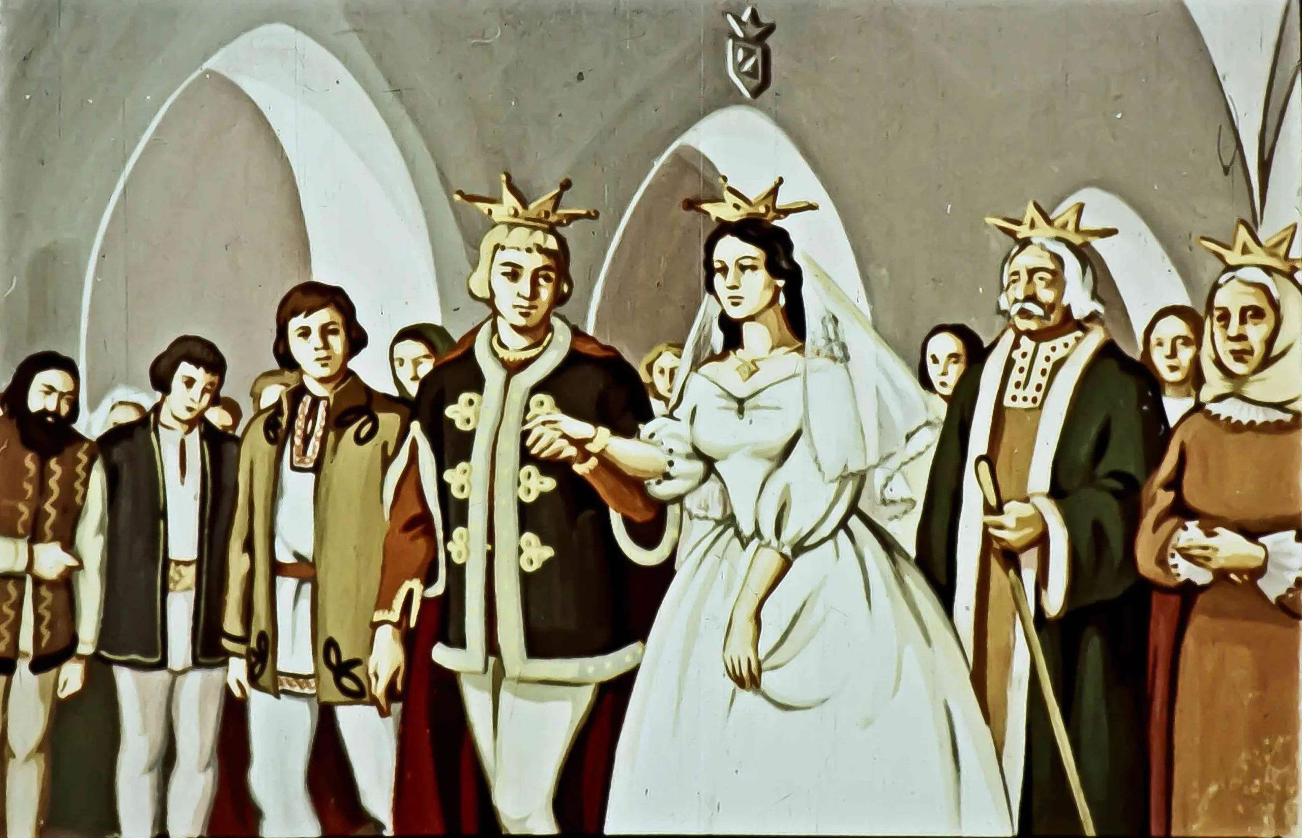 Ilustrație a unei nunți cu personaje îmbrăcate în costume tradiționale, reprezentând o scenă festivă.