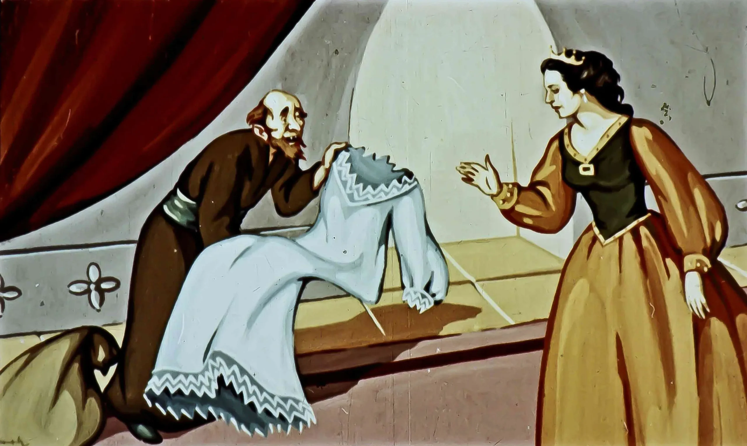 Ilustrație cu un vrăjitor care vinde cămăși într-un palat.