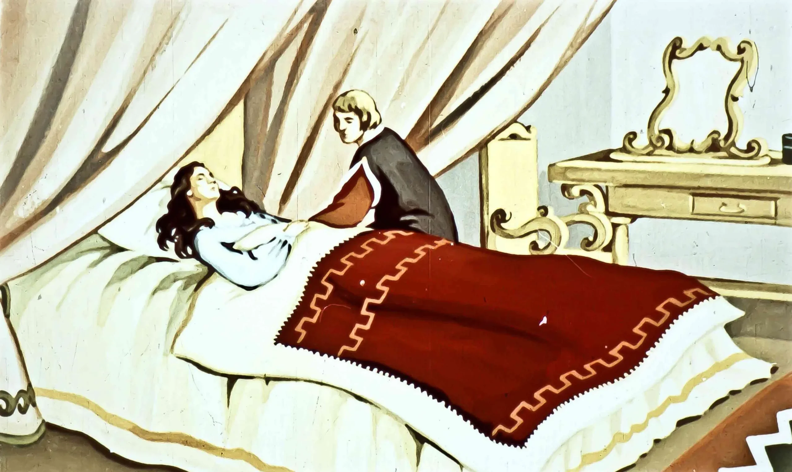 O scenă ilustrată cu o împărăteasă bolnavă și o persoană care o îngrijesc, având un fundal simplu și un decor minimalist.