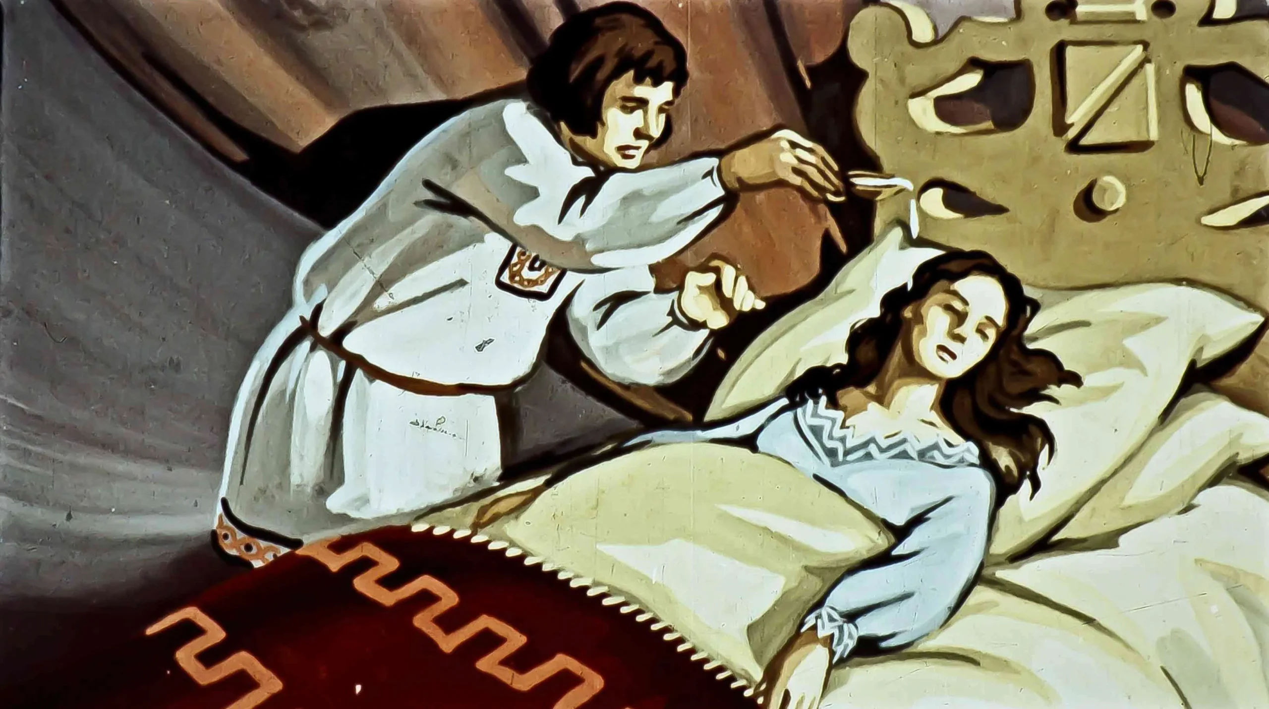 Ilustrație din poveste, prezentând un bărbat care îngrijorează o femeie bolnavă în ziua unui somn adânc.