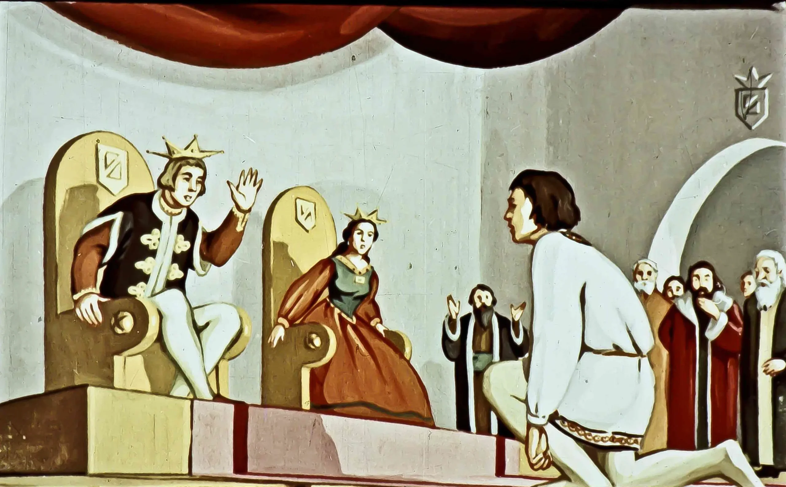 O scenă ilustrativă cu personaje istorice, în care un bărbat îngenunchează în faţa a două personaje regale, în timp ce o femeie îl observă.